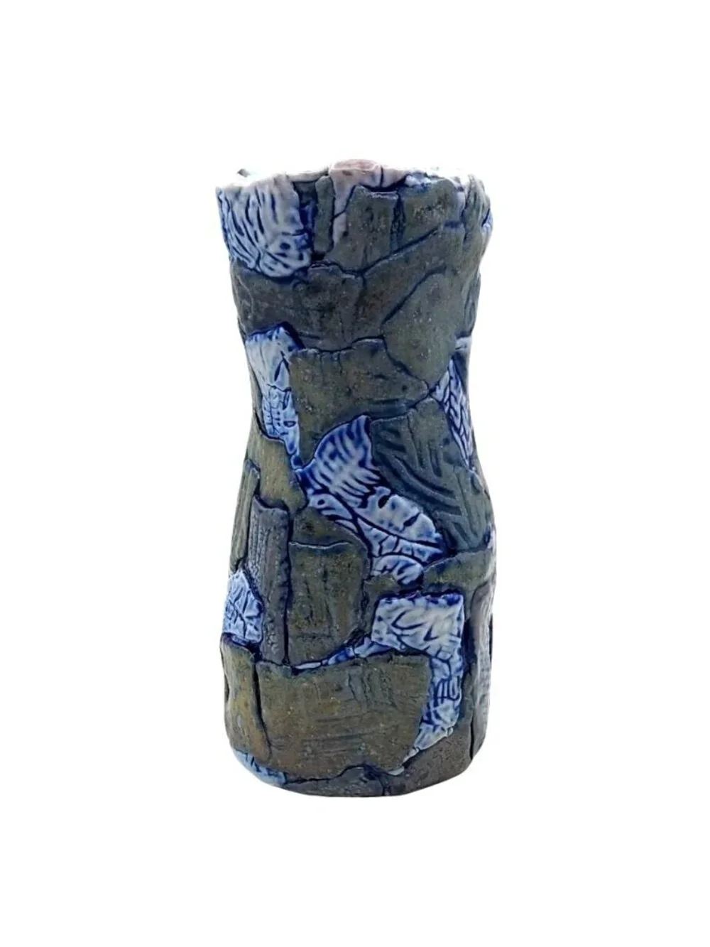 Patchwork Folk Art Pottery Vase Hand Thrown Textured Stoneware Vintage Rustic